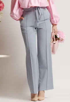 Pantaloni DY Fashion office din stofa gri cu snur in talie imagine