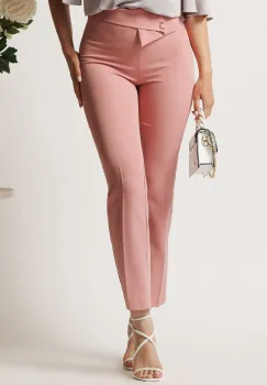 Pantaloni DY Fashion roz din stofa conici cu talie inalta si betelie petrecuta imagine