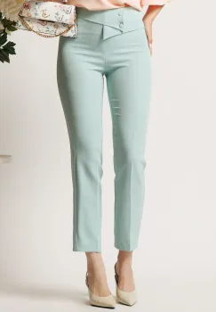 Pantaloni DY Fashion verde mint din stofa conici cu talie inalta si betelie petrecuta imagine
