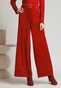 Pantaloni eleganti din catifea rosii cu catarama in talie imagine