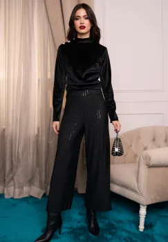 Pantaloni eleganti din crep negri cu paiete imagine