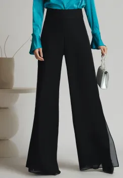 Pantaloni eleganti din voal negri cu dublura si crepeuri imagine