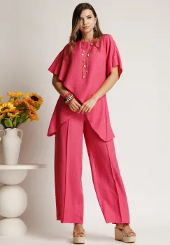 Pantaloni fucsia din rayon cu croi lejer si elastic in talie imagine
