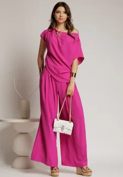 Pantaloni fucsia din triplu voal cu pliuri si croi lejer imagine
