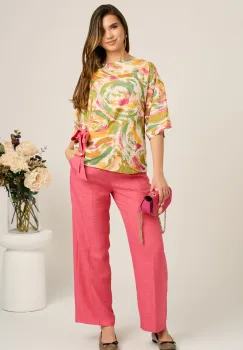 Pantaloni fucsia din viscoza cu croi drept si buzunare- Viada imagine