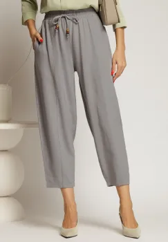 Pantaloni gri de zi din tencel cu snur si elastic pe talie imagine