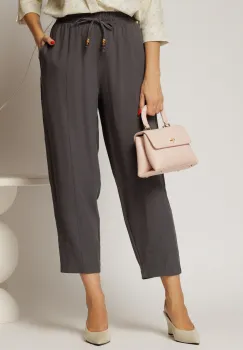 Pantaloni gri petrol de zi din tencel cu snur si elastic pe talie imagine