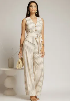 Pantaloni ivoar cu dungi din rayon cu croi lejer si cordon in talie imagine