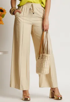Pantaloni ivory din rayon cu croi lejer si elastic in talie imagine