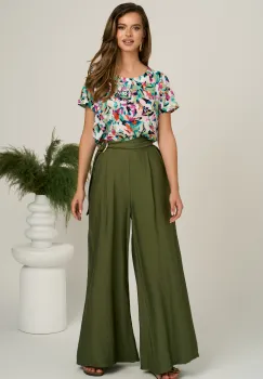 Pantaloni kaki din viscoza evazati cu catarama in talie imagine