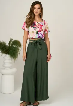 Pantaloni kaki evazati din viscoza cu elastic si cordon in talie imagine