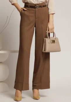 Pantaloni maro cu dungi bordo din stofa cu croi larg si curea in talie imagine