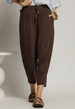 Pantaloni maro de zi din tencel cu snur si elastic pe talie imagine