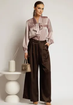 Pantaloni maro din satin cu croi larg si curea in talie imagine