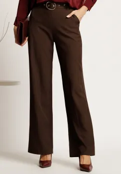 Pantaloni maro din stofa cu croi drept si curea in talie imagine
