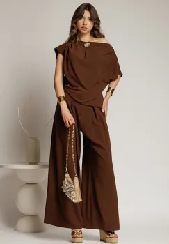 Pantaloni maro din triplu voal cu pliuri si croi lejer imagine