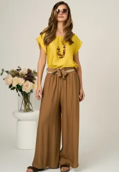 Pantaloni maro evazati din viscoza cu elastic si cordon in talie imagine