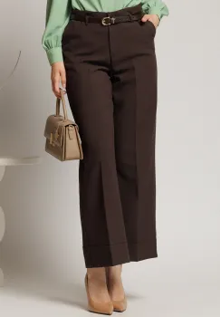 Pantaloni maro inchis din stofa cu croi larg si curea in talie imagine