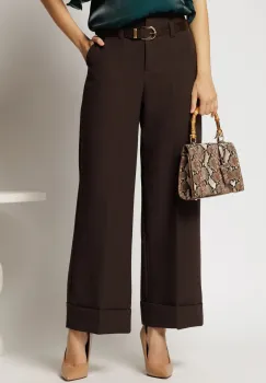 Pantaloni maro office casual cu croi drept si curea imagine