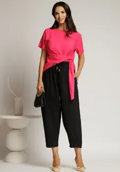 Pantaloni negri de zi din tencel cu snur si elastic pe talie imagine