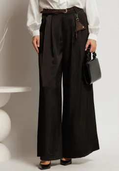 Pantaloni negri din satin cu croi larg si curea in talie imagine