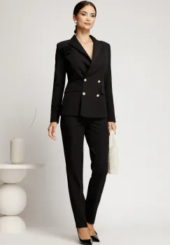 Pantaloni negri din stofa cu croi conic si nasture perlat imagine