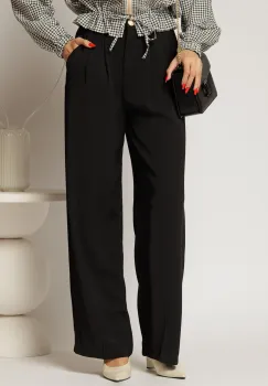 Pantaloni negri din triplu voal cu pliuri si croi lejer imagine