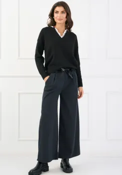 Pantaloni office din stofa antracit cu buzunare si cordon din piele ecologica imagine