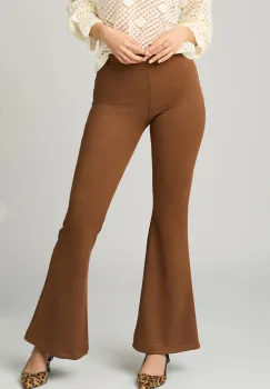 Pantaloni office din stofa catifelata maro evazati imagine