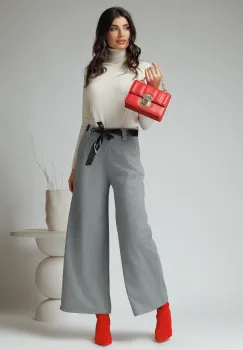 Pantaloni office din stofa gri deschis cu buzunare si cordon din piele ecologica imagine