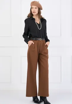 Pantaloni office din stofa maro cu elastic si curea in talie imagine