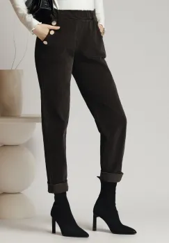 Pantaloni office din velur maro cu nasturi la buzunare imagine