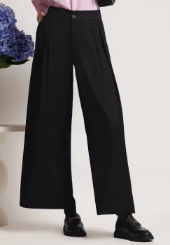Pantaloni office din viscoza negri evazati cu pliuri pe talie imagine