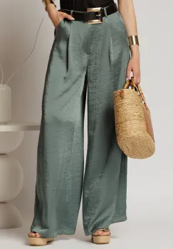 Pantaloni palazzo kaki din satin imagine