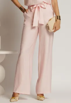 Pantaloni roz din rayon cu croi lejer si cordon in talie imagine