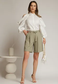 Pantaloni scurti kaki din tencel cu cordon in talie imagine