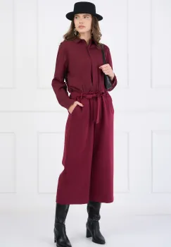 Pantaloni smart-casual din stofa bordo evazati cu buzunare si cordon imagine