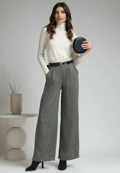 Pantaloni smart casual din stofa gri cu strasuri si curea in talie imagine