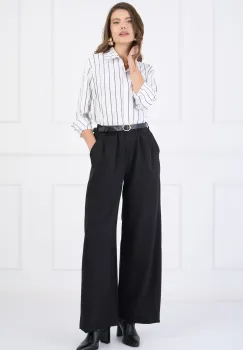Pantaloni smart casual din stofa negri cu strasuri si curea in talie imagine