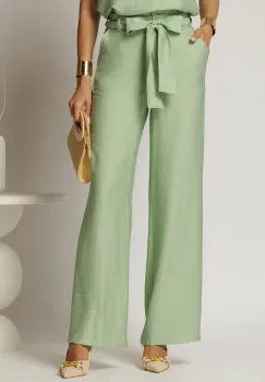 Pantaloni verde fistic din rayon cu croi lejer si cordon in talie imagine