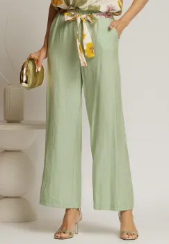 Pantaloni verde fistic din viscoza cu croi lejer si cordon cu print imagine