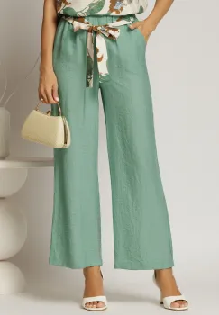 Pantaloni verde menta din viscoza cu croi lejer si cordon cu print imagine