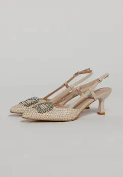 Pantofi bej cu finisaj impletit si accesoriu cu pietre stralucitoare imagine