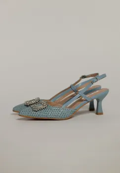 Pantofi bleu cu finisaj impletit si accesoriu cu pietre stralucitoare imagine