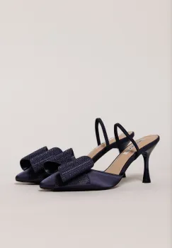 Pantofi bleumarin din material satinat cu funda maxi stralucitoare imagine