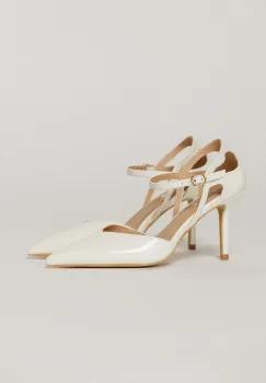 Pantofi eleganti albi aspect lucios cu bareta si decupaj lateral imagine