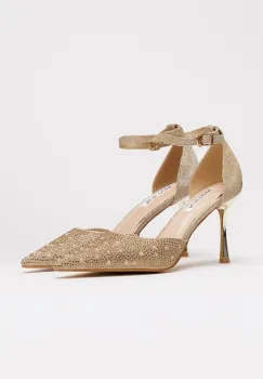 Pantofi eleganti aurii cu pietre si perle decorative imagine