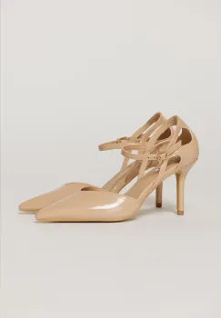 Pantofi eleganti bej aspect lucios cu bareta si decupaj lateral imagine