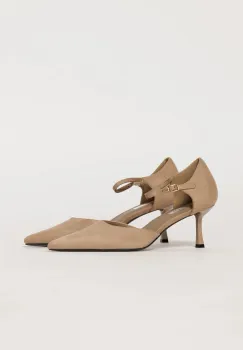 Pantofi eleganti bej cu aspect catifelat si bareta imagine