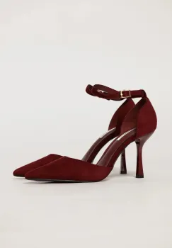 Pantofi eleganti bordo aspect catifelat cu bareta si decupaj lateral imagine